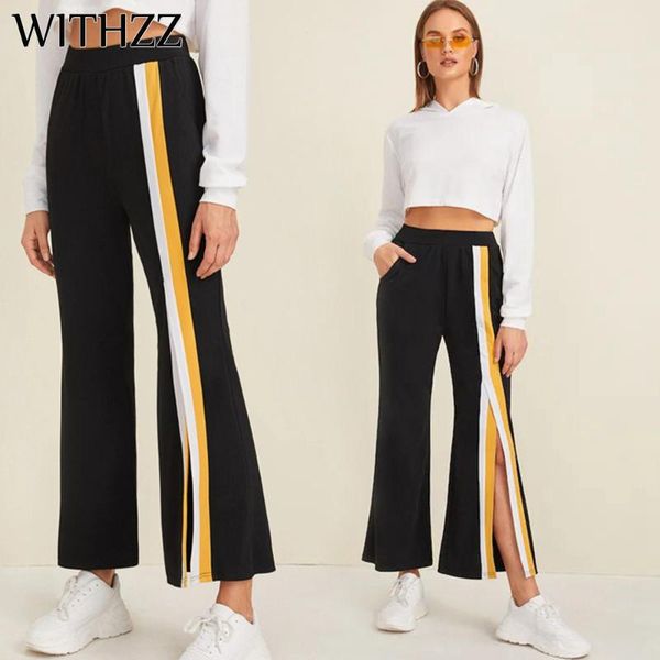 

women's pants & capris withzz spring flared casual with contrast stitching front split side pockets wide leg trousers, Black;white