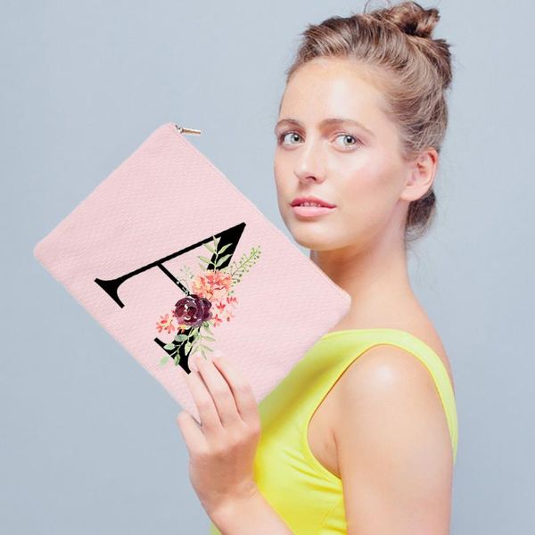

cosmetic bags & cases 26 flowers alphabet canvas pink tote bag for women fashion casual zipper makeup pouch organizer female gift
