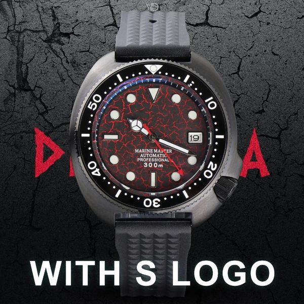 

wristwatches watch mens machinical automatic nh35 green luminous sapphire glass pvd black case japanese wave pic red lightening rubber strap, Slivery;brown