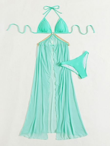 

ring linked halter cover up with bikini bottom i98w#, White;black