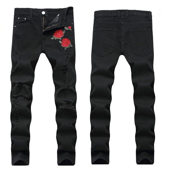 

men's jeans patchwork floral print knee-length ripped denim direct selling fashion, Blue