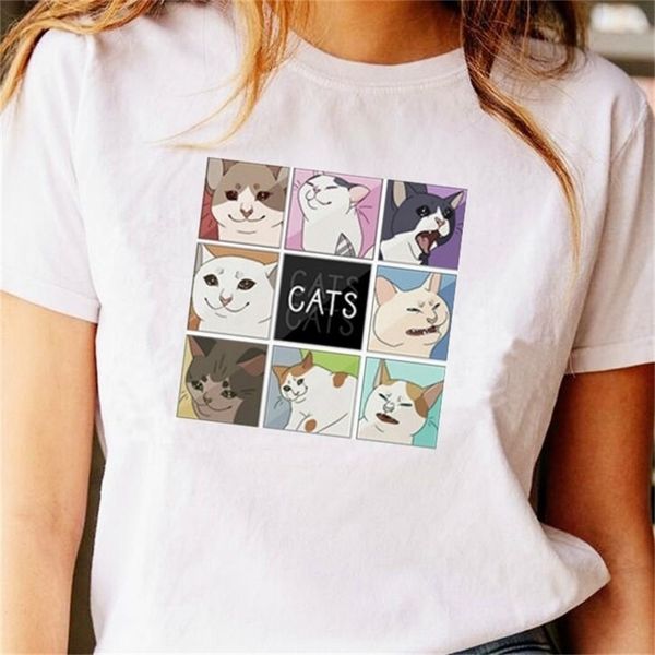 

women's short sleeve cat print shirts vintage clothing t-shirts chemise vegan tshirts jersey harajuku 210512, White