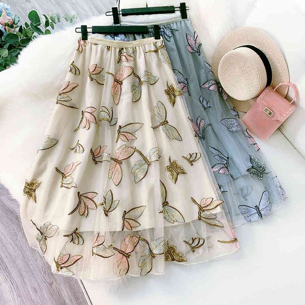 

skirt Embroidery Women Summer Mesh Waist A-Line Skirt Faldas Jupe Femme Saia, Black