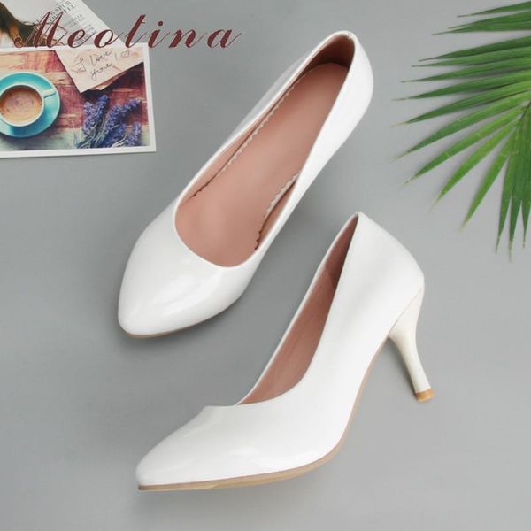 

dress shoes meotina high heels women patent leather stiletto party elegant pointed toe pumps lady white plus size 43, Black