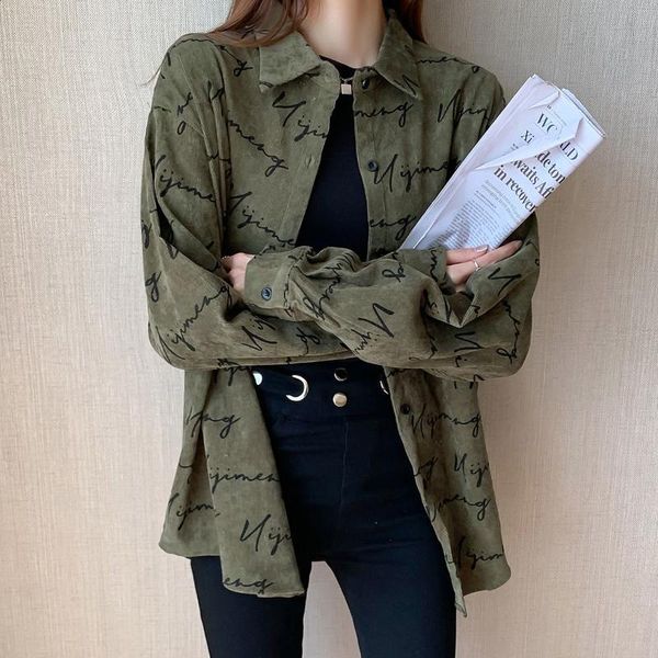 

women's blouses & shirts autumn winter corduroy retro women fashion turn down collar letter print long sleeve oversize loose ladies, White