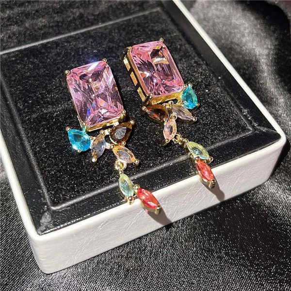 

dangle & chandelier big square pink crystal stone earrings geometric irregular multicolor zircon drop for women dainty gold, Silver