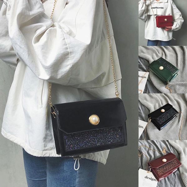 

fashion ladies sequined bag handbags women bags solid small day clutch gold chain girls crossbody bags, Black;red