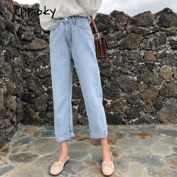 

women's jeans yitimoky woman 2021 vintage straight pants washed high waist slim tassel elegant fashion womens skyblue, Blue