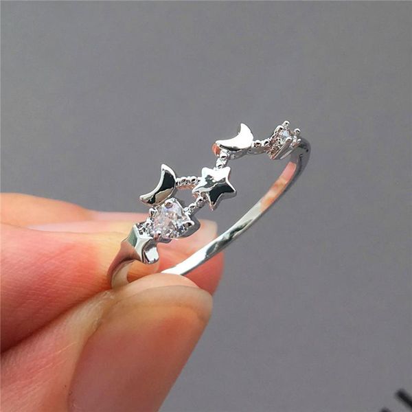 

wedding rings boho small white zircon ring cute female silver color moon star fashion promise for women, Slivery;golden
