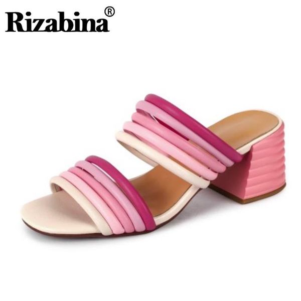 

rizabina high heel sandals genuine leather summer lady shoes square beach casual women slippers size 34-43, Black