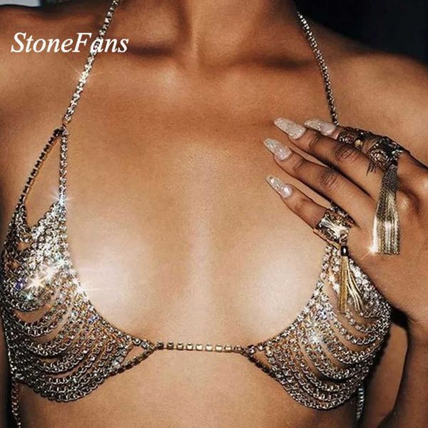 Reggiseno StoneFans 3 colori gioielli con strass scava fuori cristallo collana a catena in oro bikini regalo di San Valentino