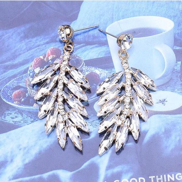 

luxury crystal bridal leaf shape long drop earrings for women wedding jewelry elegant rhinestone big dangle earring accessories & chandelier, Silver