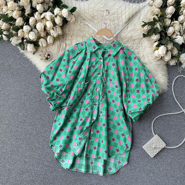 

women's blouses & shirts korean blouse women 2021 summer female clothing retro short lantern sleeve lapel print loose shirt chemise fem, White