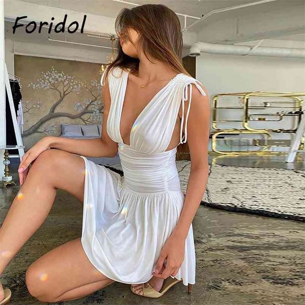 

v neck white dress women summer elegant ruffle a-line vestidos evening club party christmas mini clothes 210427, Black;gray