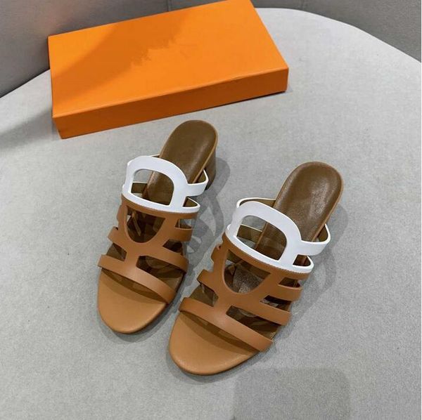 

Genuine Leather Women Slippers Sexy Chuky High Heels Cuts Out Mules Summer Party Shoes Femmes, Black