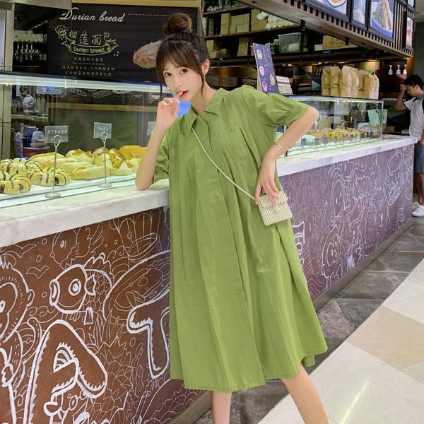 

5619# 2021 summer korean fashion cotton maternity dress large size loose pleat clothes for pregnant women casual pregnancy dresses, White