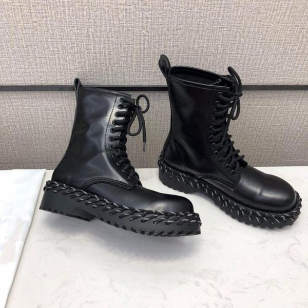 

boots winter genuine leather mid-calf woman platform round toes motorcyle zapatos de mujer, Black