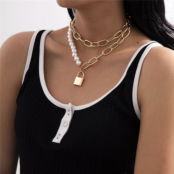 

8pcs/lot retro generous lock pendant necklaces alloy mix match pearl thick chain for women double layer party necklace jewelry wholesale, Silver