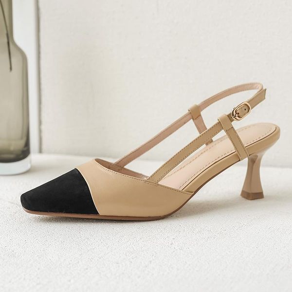 

dress shoes square toe woman high heels 2021 trend back strap genuine leather thin pumps female wedding party women sandals, Black