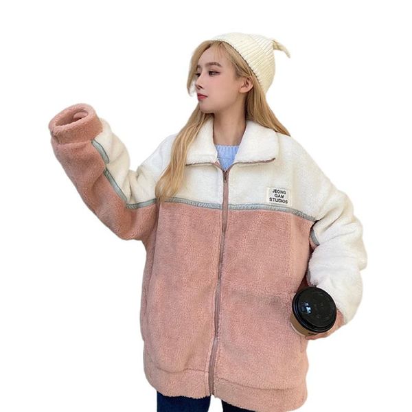 

women's wool & blends autumn and winter 2021 plush patchwork zipper coat loose stand collar long oversize causal fashion female warm ja, Black