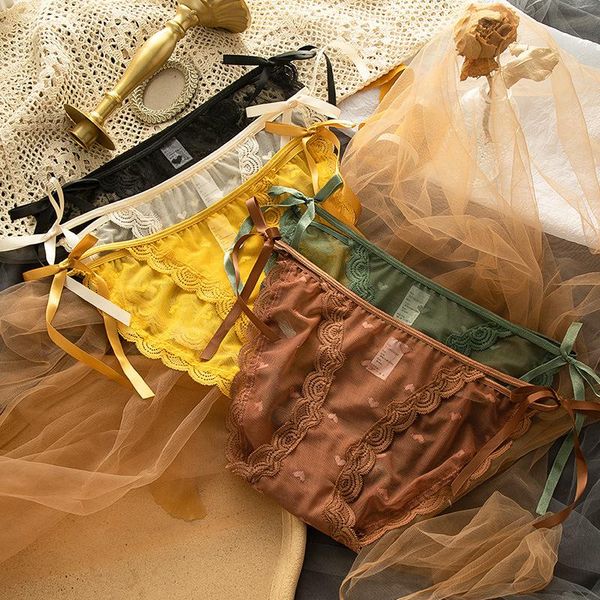 

women's panties multicolor fashion women mid-waist lace mesh sweet briefs cotton japanese transparent underwear casual simple girl, Black;pink