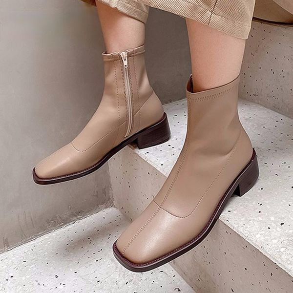 

boots 2021 comfortable women faux leather low-heeled ankle fashion square toe zipper winter black apricot