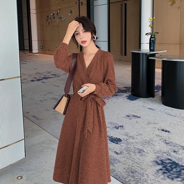 

casual dresses fashion women knitted dress spring autumn female v-neck long sleeve lace-up midi 2021 basic thin sweater, Black;gray