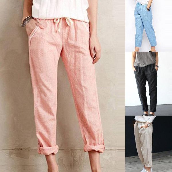 

women's pants & capris 2021 cotton linen harem spring summer woman casual drawstring loose thin pantalones mujer, Black;white