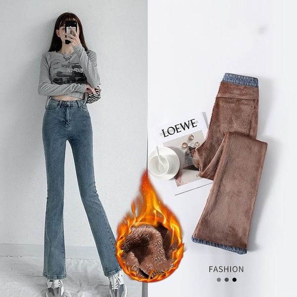 

women's jeans guuzyuviz winter thicken skinny flare woman plush high waist stretch plus size korean bell bottom warm velvet, Blue
