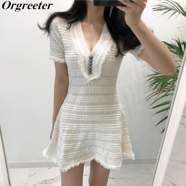 

summer solid a-line dress women white short sleeve v-neck knitting striped tassel black above knee sweater es 210525, Black;gray