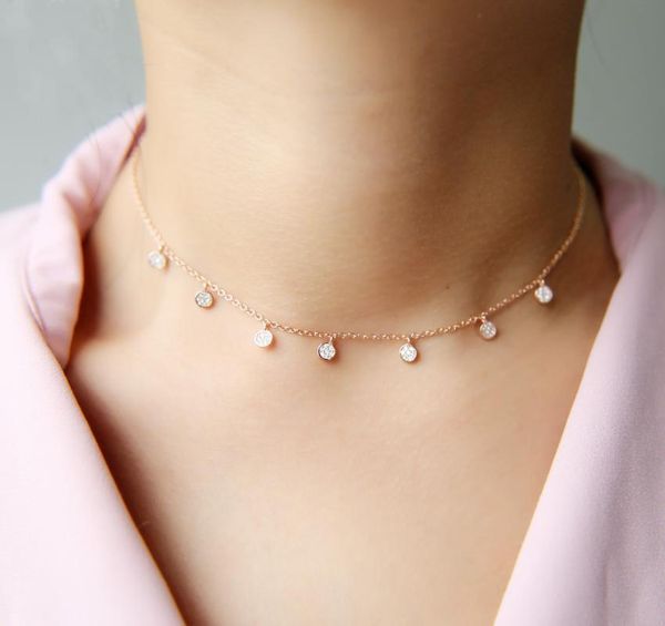 

simple cz drop charm 35+7cm short chain thin delicate women girl gift 925 sterling 5pcs dot choker necklace jewelr chains, Silver