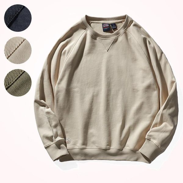 

men's hoodies & sweatshirts american style heavyweight terry pure cotton retro solid color simple round neck pullover raglan sleeve spo, Black