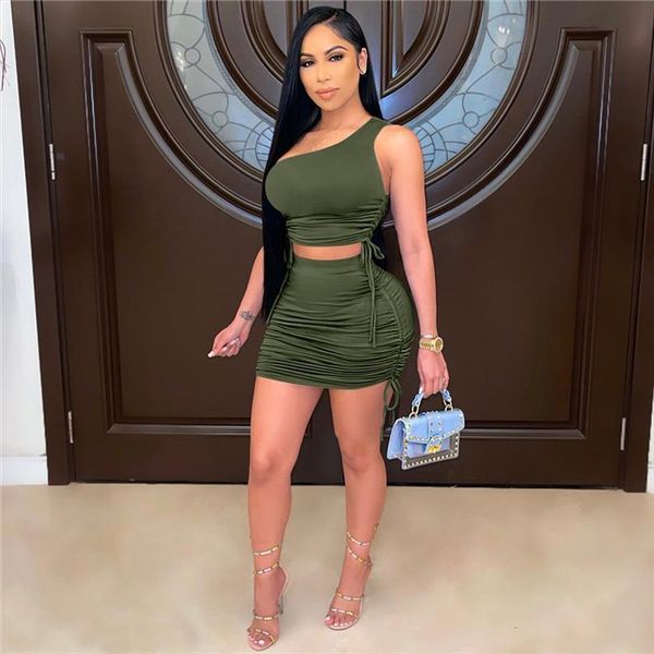 

2 pieces set women tracksuits one shoulder tank crop draped bodycon mini skirts suits outfits clubwear matching sets, Gray