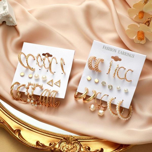 

hoop & huggie trend pearl zircon temperament earrings women's geometric 9-piece set european and american, Golden;silver