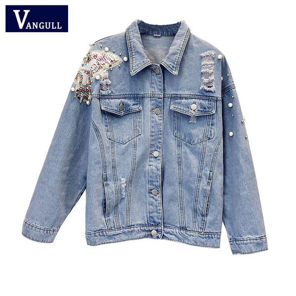 

women's jackets vangull denim jacket 2021 casual holes pearls washed sequined regular female loose coat casaco plus size xxxxxl, Black;brown