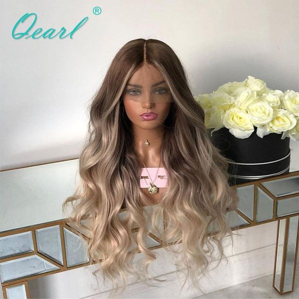

lace wigs full wig transparent ash blonde chocolate brown ombre human hair for women loose wave frontal remy 180% qearl, Black;brown