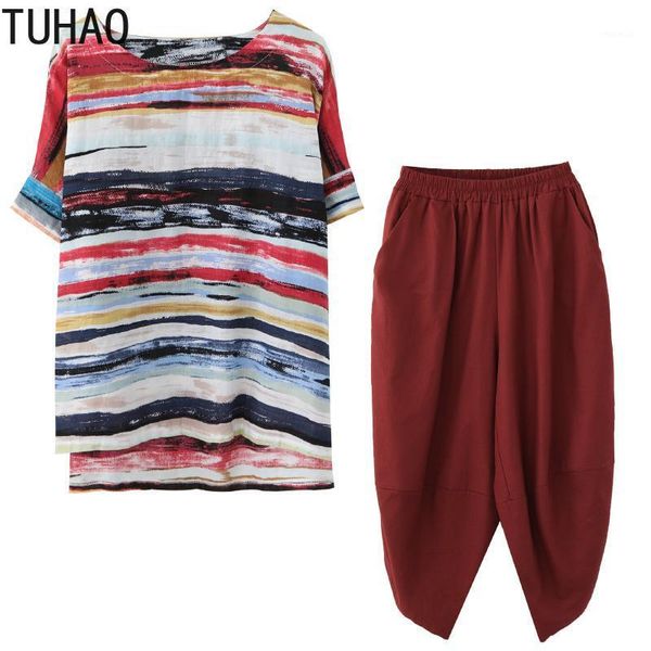 

summer vintage women sets casual loose cotton linen big size two piece set t-shirt + long pants conjuntos mujer lz277 women's tracksuit, Gray