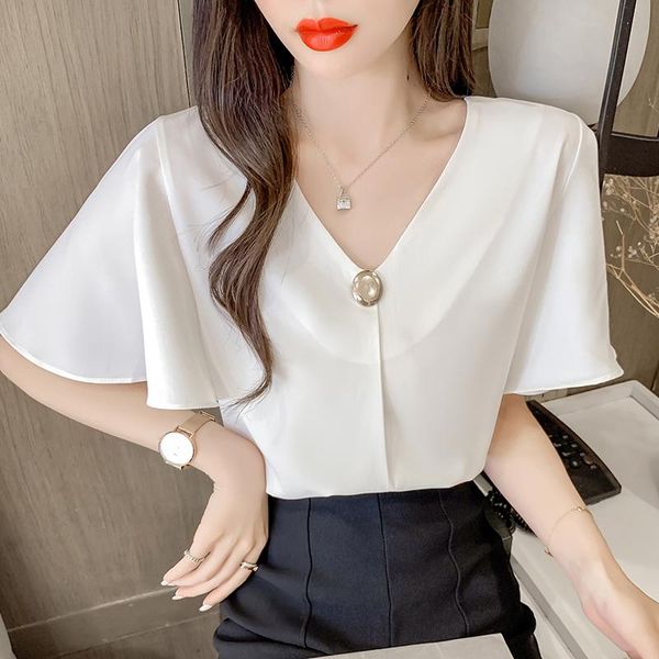 

women's blouses & shirts 2021 summer butterfly sleeve ladies chiffon korean style v neck pullover women blouse solid casual female whit, White