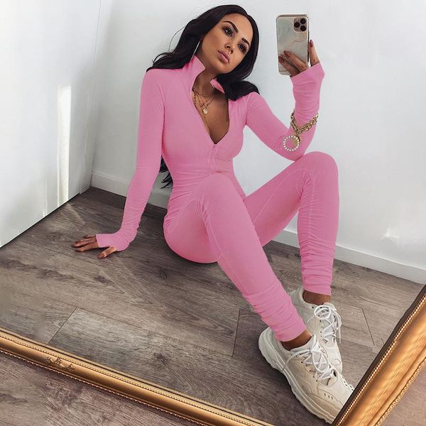 

sportswear knitted rib body romper women jumpsuit 2021 zipper turtleneck ruched sleeve stacked pants bodycon women's jumpsuits & romper, Black;white