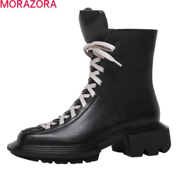 

boots morazora 2021 arrival fashion ankle genuine leather classic thick heels square toe autumn winter women, Black