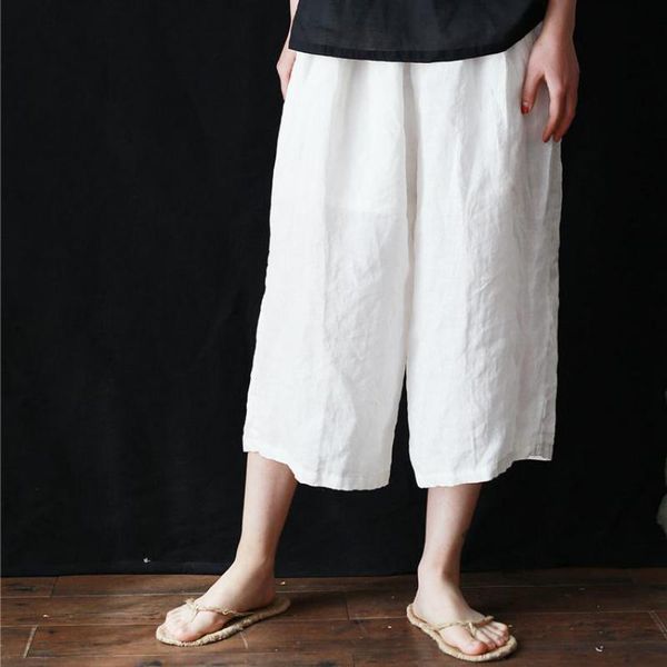

johnature summer calf-length pants casual loose mid elastic waist solid pocket trousers comfortable wide leg pants 210521, White;black