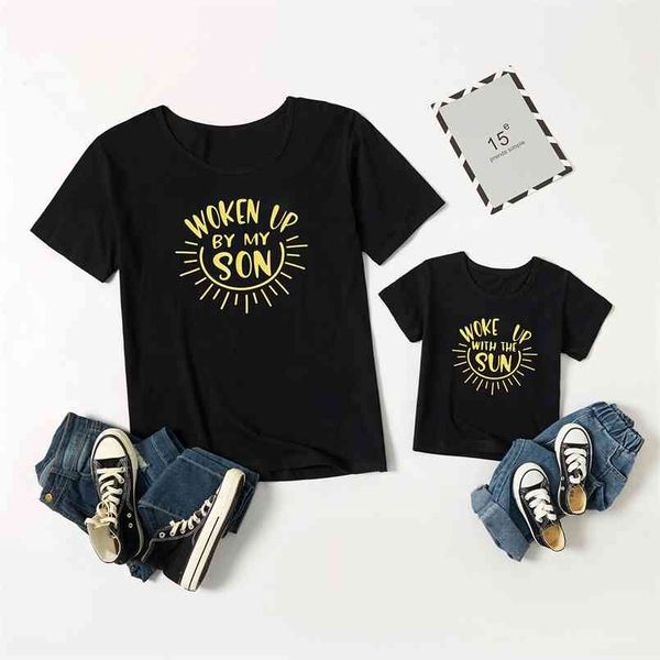 

summer letter print black cotton t-shirts for dad and me 210528, Blue