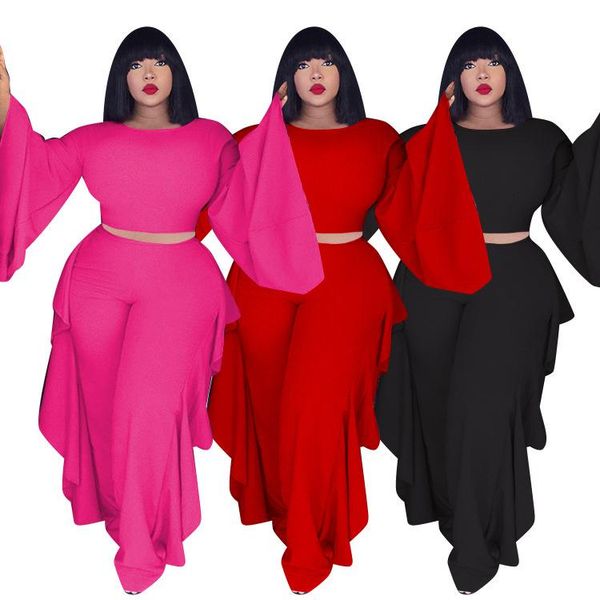 

women's two piece pants casual sets for women 2021 autumn o-neck flared sleeve high waist ruffles wide-leg pure color fashion suits, White