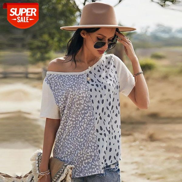 

spring new leopard patchwork color women 2021 short sleeve o neck blouses ladies summer holiday style pullover #6j8w, White
