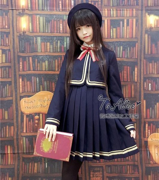 

women's suits & blazers japanese school student jk uniform style 2pcs set: winter short coat golden trim + jumper pleated dress navy bl, White;black