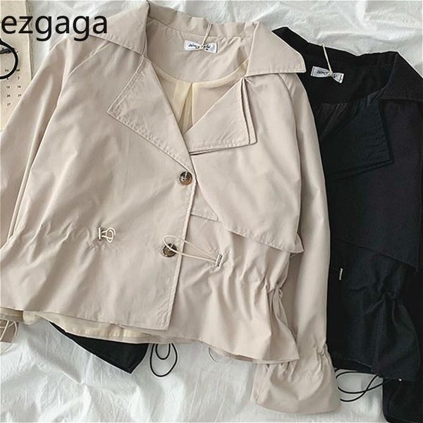 

ezgaga jacket women turn-down collar long flare sleeve single breasted drawstring solid sweet office lady jackets elegant autumn women', Black;brown