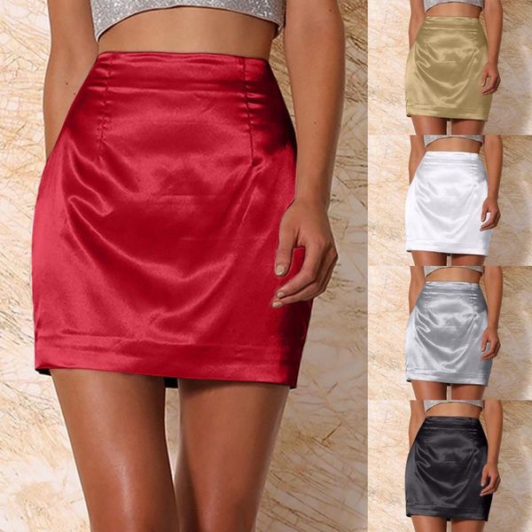 

skirts 2021 summer casual women ladies fashion silk solid satin advanced smooth zipper above knee a-line mini skirt 50, Black