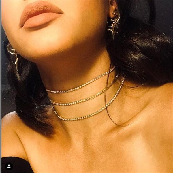 

chokers fashion luxury crystal inlay three layer chain necklaces bijoux femme trendy hip hop party jewelry for women, Golden;silver
