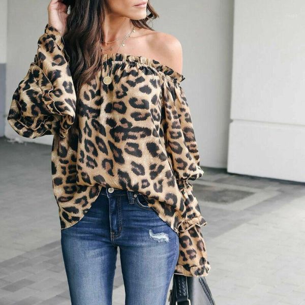 

women leopard print long sleeve blouse autumn ladies off shoulder loose shirt casual women's blouses & shirts1, White