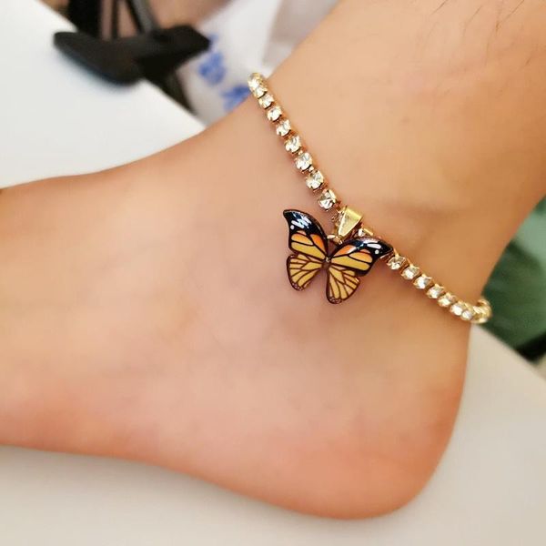 

anklets 2021 fashion butterfly design anklet rhinestone crystal beach women sandals foot bracelets, Red;blue